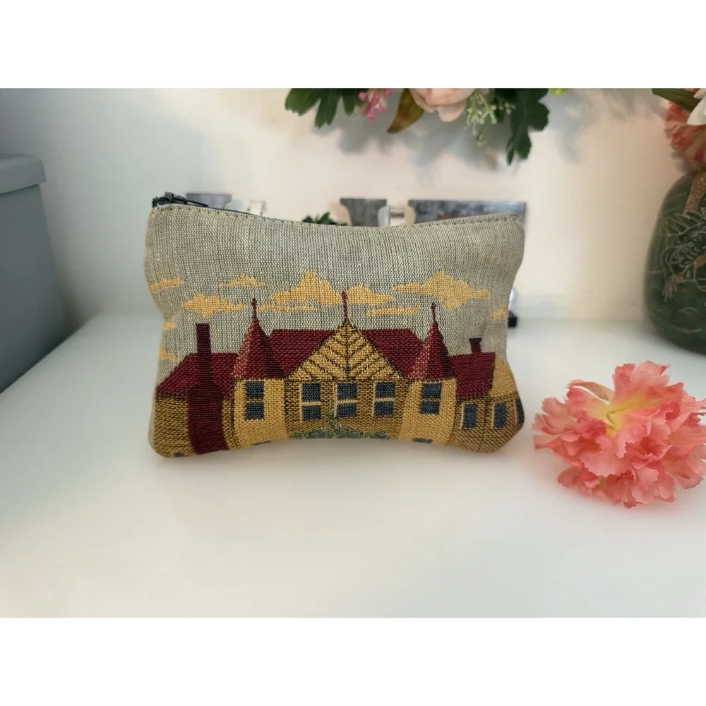 Vintage Tapestry Row Houses‎ Embroidered Style Zippered Bag Makeup Pouch 7